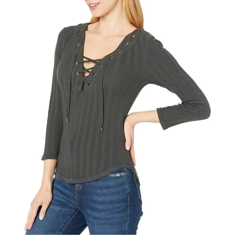 Free People Washed grey Ice Cold Lace-Up‎ Scoop Neck Cotton blend Top Sz S